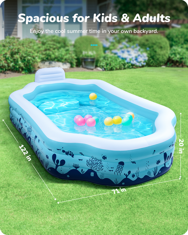 Inflatable Swimming Pool, Kiddie Pool, 122" X 71" X 20" Full-Sized Family Blow Up Pool for Kids, Adults, Above Ground Backyard Pool with Seat, for Age 3+