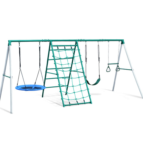 KloKick Heavy-Duty Metal Swing Set for Backyard, Outdoor Playset with Saucer Swing, Monkey Bar, Climbing Rope & Ladder, for Kids 3-12