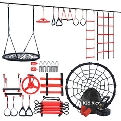 KloKick 50ft Ninja Warrior Obstacle Course for Kids - Outdoor Backyard Adventure Set with Swing, 10 Accessories, Weather-Proof Design, and Slackline for Jungle Gym Fun