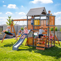Klokick Wooden Kids Swing Set, Outdoor Adventure Play Tower with Pretend Kitchen, Dining Area, Slide, Swings & Monkey Bars, Holds 14 Children Ages 3‑10, 1540 lbs Total Weight Capacity