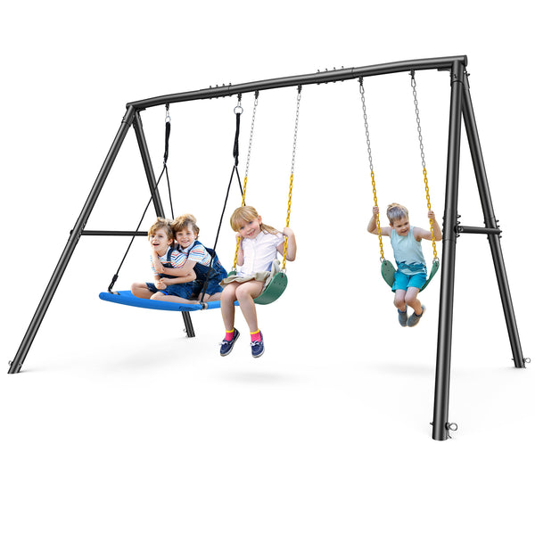 KloKick 600lbs Heavy Duty Swing Set – A-Frame Metal Swing Set with Platform Swing & 2 Belt Swings for Backyard (Black)