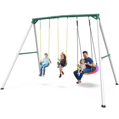 KloKick 9.5' Heavy Duty Swing Set for Kids & Adults – Includes Saucer Swing & 2 Belt Swings, Outdoor Playground Equipment for Backyard Fun