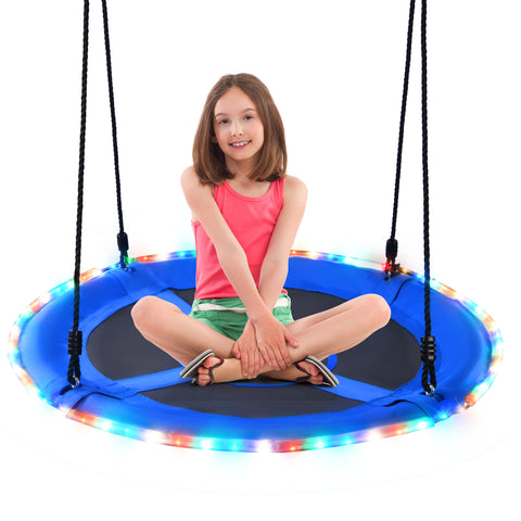 KloKick 700lbs 40" Saucer Tree Swing for Kids & Adults – Durable Outdoor Swing with LED Lights, 2 Tree Hanging Straps. Blue