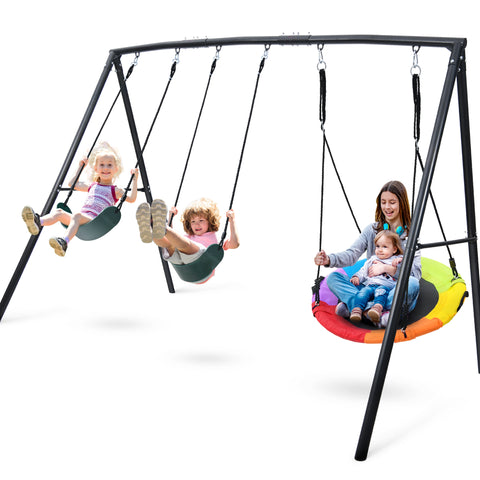 KloKick 500lb Heavy Duty Backyard Swing Set with Saucer Swing & 2 Belt Swings, Safe & Sturdy Playground Equipment for Family, Ideal for Gardens, Yards & Patios