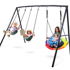 KloKick 500lb Heavy Duty Backyard Swing Set with Saucer Swing & 2 Belt Swings, Safe & Sturdy Playground Equipment for Family, Ideal for Gardens, Yards & Patios