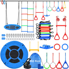 KloKick 65ft Ninja Warrior Obstacle Course for Kids – Outdoor Backyard Set with Swing, Ninja Rope, 11 Obstacles, Slackline, Jungle Gym for Tree Installation