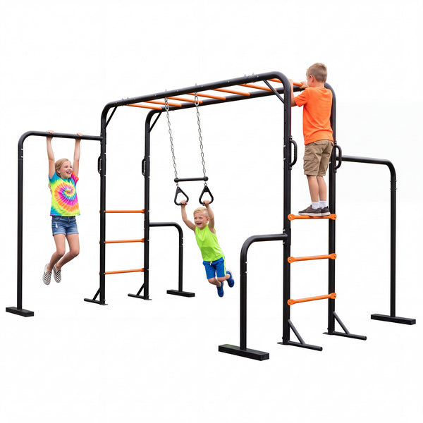 KLOKICK Upgraded 3-in-1 Jungle Gym, 48mm Reinforced Steel Frame, Dual Height Horizontal Bar, Monkey Swing & Rings, 440LBS Heavy Duty Outdoor Backyard Playground for Kids Toddlers Teens