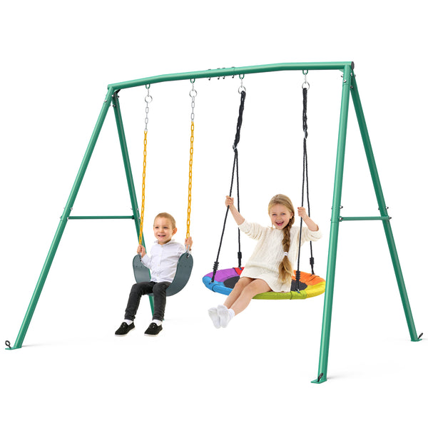 Klokick Swing Set with 1 Saucer and 1 Belt Swing Seat, 440lbs Swing Set for Kids with Heavy Duty A-Frame Metal Swing Stand for Backyard and Playground