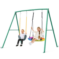 Klokick Swing Set with 1 Saucer and 1 Belt Swing Seat, 440lbs Swing Set for Kids with Heavy Duty A-Frame Metal Swing Stand for Backyard and Playground