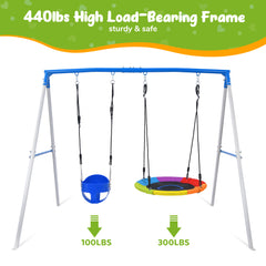 KloKick 2 Seat Metal Swing Sets, 440lbs Heavy Duty Frame with Saucer Swing and 1 Toddler Swing for Outdoor Backyard