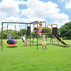 KloKick 5-in-1 Heavy Duty Metal Swing Set for Kids Backyard, with Slide, Monkey Bars, Saucer Swing & Tunnel, ASTM Safety Certified, Ages 3-12, 660lbs Capacity