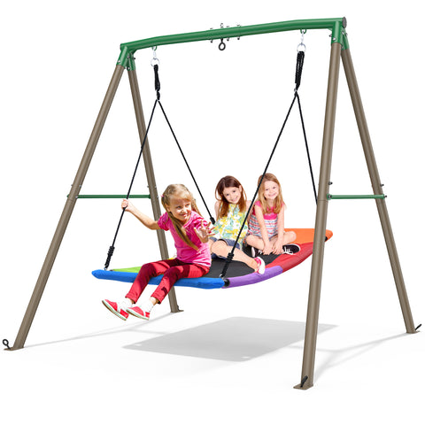 KloKick 60" Large Platform Saucer Swing with Frame – 440lbs Heavy Duty Swing Set for Kids' Backyard Play(Green)