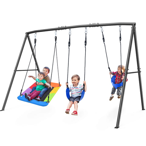 KloKick 440lbs Outdoor Swing Set for Kids – Includes Toddler Swing, Belt Swing, and Platform Swing, Metal Frame for Backyard Play