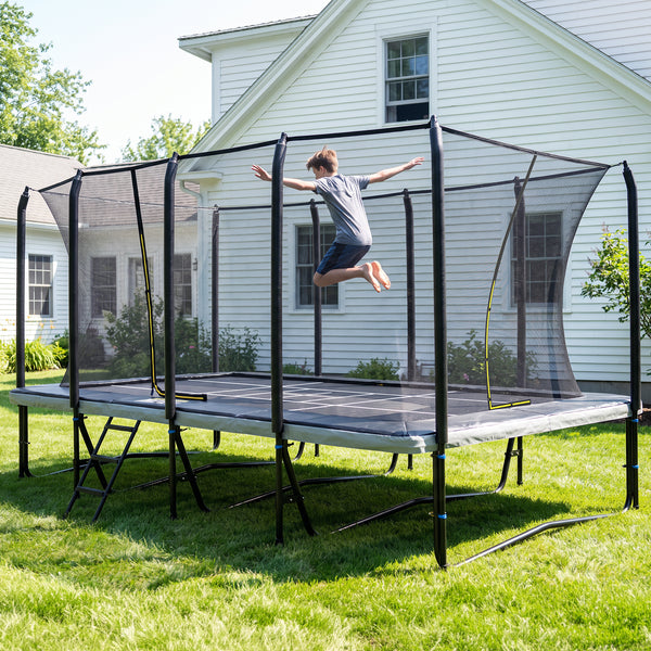 KloKick 10 x 17 FT Rectangular Gymnastics Trampoline with Safety Enclosure Net, 1800 LBS Heavy Duty Backyard Trampoline for Kids & Adults, Printed Position Markings, ASTM Certified