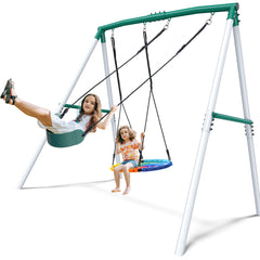 KloKick 7.5ft Heavy Duty Swing Set for Backyard, 500lbs Capacity Outdoor Metal Swing Set for Kids & Adults with Spider Swing and Belt Swing (Rainbow)
