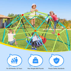 KloKick 10 ft Climbing Dome Swing Set with Saucer Swing, Durable Jungle Gym for Kids 3-12, Supports 800lbs, Rust-Resistant, Easy Assembly