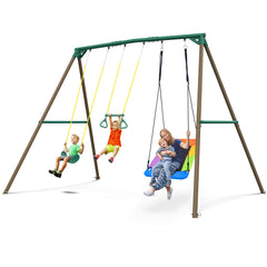 KloKick Heavy Duty Metal Swing Set for Kids & Adults, 600lb Capacity, Includes Trapeze Bar, Belt Swing & Platform Swing for Outdoor Fun (Green)