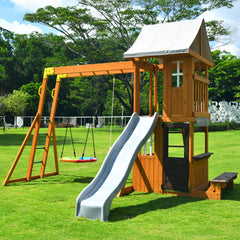 KloKick Cedar Wooden Swing Set with 8' Wave Slide, Metal Monkey Bar, Clubhouse, Playhouse, and Snack Bar Window