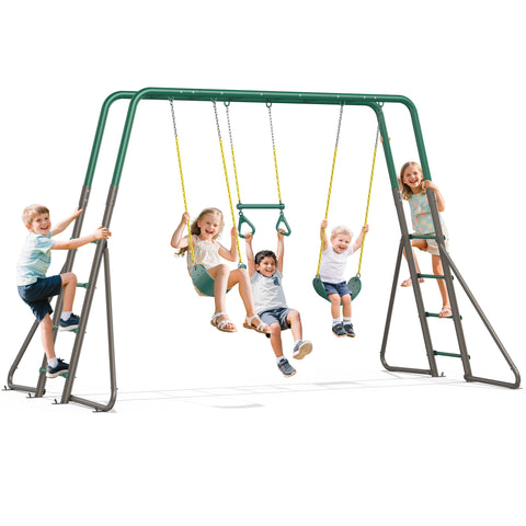 KloKick Metal Outdoor Playground Swing Set with Monkey Bars, 2 Belt Swings, Trapeze Bar & Ladder | Backyard Playset for Kids