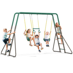 KloKick Metal Outdoor Playground Swing Set with Monkey Bars, 2 Belt Swings, Trapeze Bar & Ladder | Backyard Playset for Kids