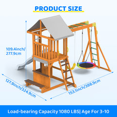 KloKick Cedar Wooden Swing Set with 8' Wave Slide, Metal Monkey Bar, Clubhouse, Playhouse, and Snack Bar Window