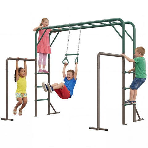 Klokick 3-in-1 Jungle Gym & Monkey Swing Bar - Kids Backyard Play Set for Strength & Active Fun, Green