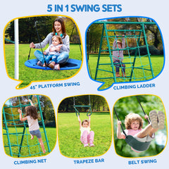 KloKick Heavy-Duty Metal Swing Set for Backyard, Outdoor Playset with Saucer Swing, Monkey Bar, Climbing Rope & Ladder, for Kids 3-12