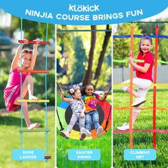 KloKick 50ft Ninja Warrior Obstacle Course with Slackline Monkey Bars and Saucer Swing