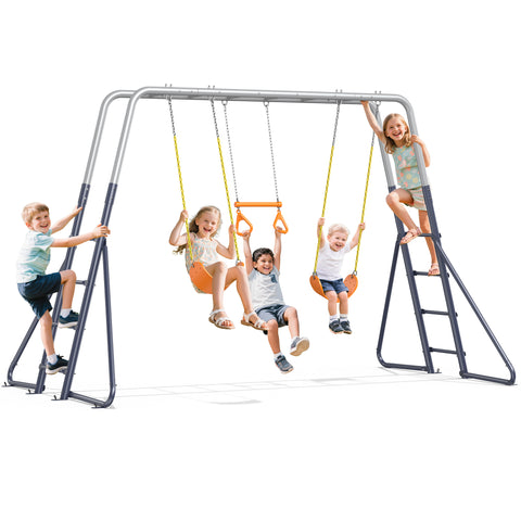 KloKick Metal Outdoor Swing Set With 2 Belt Swings, Trapeze Bars, And Climbing Ladder For Kids(silver)