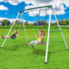 KloKick 9.5' Heavy Duty Swing Set for Kids & Adults – Includes Saucer Swing & 2 Belt Swings, Outdoor Playground Equipment for Backyard Fun