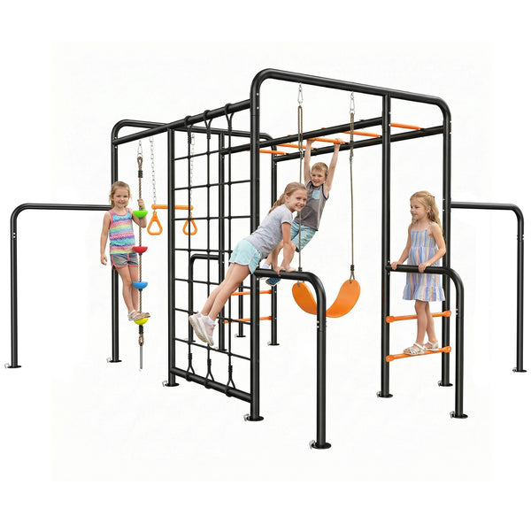 Klokick 7-in-1 Outdoor Climbing Playset with Swing, Monkey Bars & Net – 550 lb Capacity Backyard Gym for Kids
