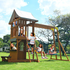 KloKick Cedar Wooden Swing Set with 8' Wave Slide, Metal Monkey Bar, Clubhouse, Playhouse, and Snack Bar Window