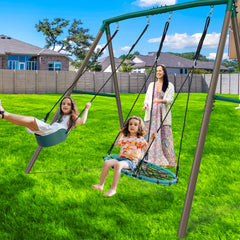 KloKick 7.5ft Heavy Duty Swing Set for Backyard, 500lbs Capacity Outdoor Metal Swing Set for Kids & Adults with Spider Swing and Belt Swing (Green)