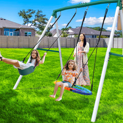 KloKick 7.5ft Heavy Duty Swing Set for Backyard, 500lbs Capacity Outdoor Metal Swing Set for Kids & Adults with Spider Swing and Belt Swing (Rainbow)