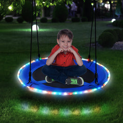 KloKick 700lbs 40" Saucer Tree Swing for Kids & Adults – Durable Outdoor Swing with LED Lights, 2 Tree Hanging Straps. Blue