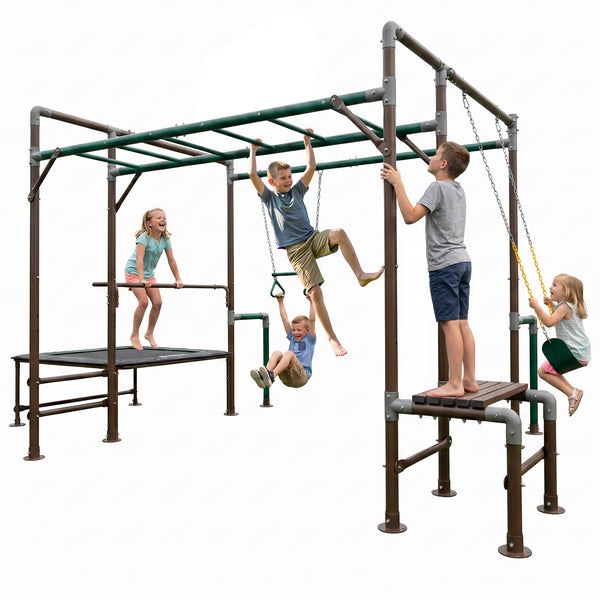 Klokick 5-in-1 Kids Outdoor Play Set, Trampoline, Horizontal Bar, Trapeze & Strap Swing, Standing Platform, 550 LBS Galvanized Steel Frame for Ages 3-12