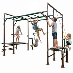 Klokick 5-in-1 Kids Outdoor Play Set, Trampoline, Horizontal Bar, Trapeze & Strap Swing, Standing Platform, 550 LBS Galvanized Steel Frame for Ages 3-12