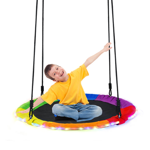 KloKick 700lbs 40" Saucer Tree Swing for Kids & Adults – Durable Outdoor Swing with LED Lights, 2 Tree Hanging Straps. Rainbow