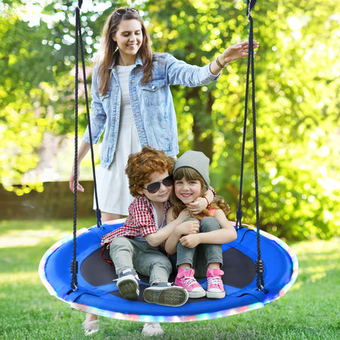 KloKick 700lbs 40" Saucer Tree Swing for Kids & Adults – Durable Outdoor Swing with LED Lights, 2 Tree Hanging Straps. Blue
