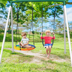KloKick 7.5ft Heavy Duty Swing Set for Backyard, 500lbs Capacity Outdoor Metal Swing Set for Kids & Adults with Spider Swing and Belt Swing (Rainbow)