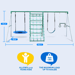 KloKick Heavy-Duty Metal Swing Set for Backyard, Outdoor Playset with Saucer Swing, Monkey Bar, Climbing Rope & Ladder, for Kids 3-12
