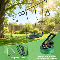 KloKick 65ft Ninja Warrior Obstacle Course for Kids – Outdoor Backyard Set with Swing, Ninja Rope, 11 Obstacles, Slackline, Jungle Gym for Tree Installation (Green)