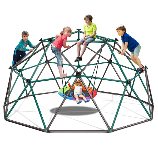 KloKick 10ft Playground Climbers Dome - Kids Jungle Gym with Swing, 800lb Capacity, Rust-Resistant(Green)