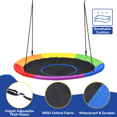 KloKick 60" Extra Large Tree Swing for Kids & Adults - 900D Oxford Waterproof Saucer Swing with 2 Hanging Straps, Rainbow