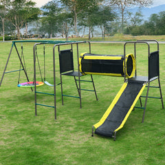 KloKick 5-in-1 Heavy Duty Metal Swing Set for Kids Backyard, with Slide, Monkey Bars, Saucer Swing & Tunnel, ASTM Safety Certified, Ages 3-12, 660lbs Capacity