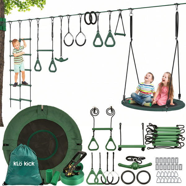 KloKick 65ft Ninja Warrior Obstacle Course for Kids – Outdoor Backyard Set with Swing, Ninja Rope, 11 Obstacles, Slackline, Jungle Gym for Tree Installation (Green)