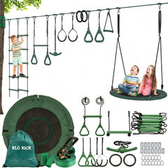 KloKick 65ft Ninja Warrior Obstacle Course for Kids – Outdoor Backyard Set with Swing, Ninja Rope, 11 Obstacles, Slackline, Jungle Gym for Tree Installation (Green)