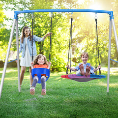 KloKick 2 Seat Metal Swing Sets, 440lbs Heavy Duty Frame with Saucer Swing and 1 Toddler Swing for Outdoor Backyard