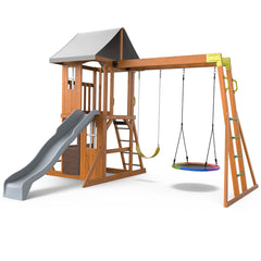 KloKick Cedar Wooden Swing Set with 8' Wave Slide, Metal Monkey Bar, Clubhouse, Playhouse, and Snack Bar Window