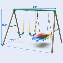 KloKick 600lbs Heavy Duty Swing Set – A-Frame Metal Swing Set with Platform Swing & 2 Belt Swings for Backyard (Green)